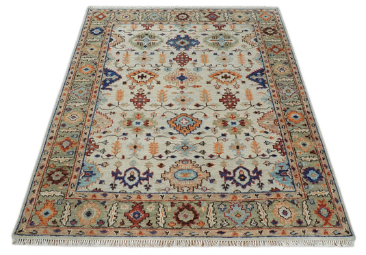 Custom Made Turkish Ivory and Green Colorful Traditional Hand Knotted Oushak Wool Area Rug