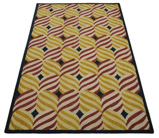 Custom Made Gold, Maroon, Black And Yellow Modern Stripes Pattern Hand Tufted Wool Area Rug