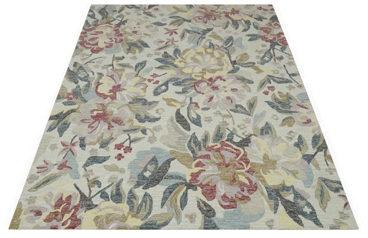 Custom Made Hand Tufted Floral Ivory, Beige, Gray And Rust Rug Wool Area Rug