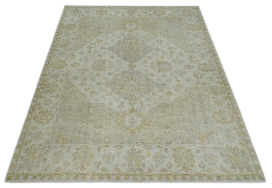 Custom Made Traditional Floral Pattern Ivory And Brown Hand Knotted Wool Area Rug