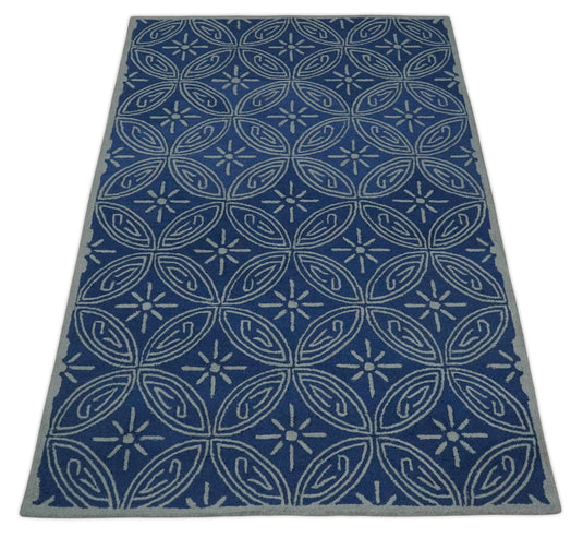 Custom Made Geometrical Pattern Blue And Gray Hand Tufted  Wool Area Rug