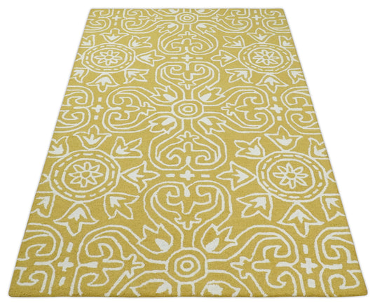 Custom Made Yellow And Ivory Hand Tufted  Wool Area Rug