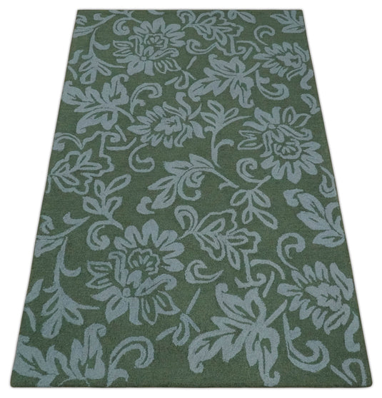 Custom Made Floral Pattern Green And Gray Hand Tufted  Wool Area Rug