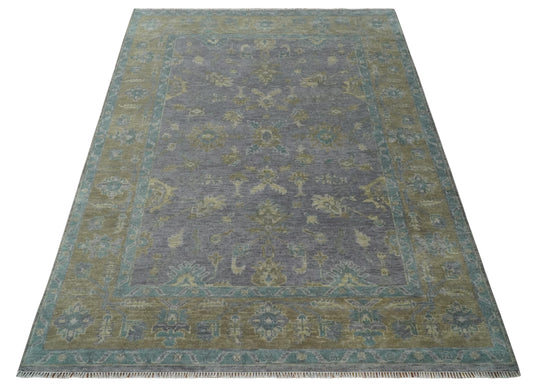 Antique look Hand knotted Charcoal and Olive Traditional Floral Oushak wool Area Rug