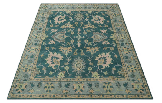 Custom Made Traditional Floral Teal, Light Peach And Gray Hand Knotted Wool Area Rug