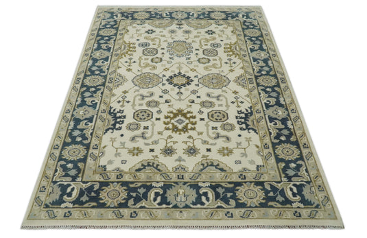 Custom Made Hand Knotted Ivory,Charcoal and Olive Oriental Oushak Rug Wool Area Rug