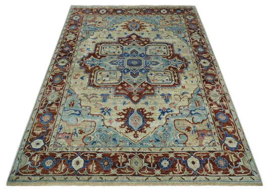 Heriz Serapi Blue, Brown And Ivory Hand Knotted 8x10 ft Bedroom, Living Room Rug Wool Area Rug