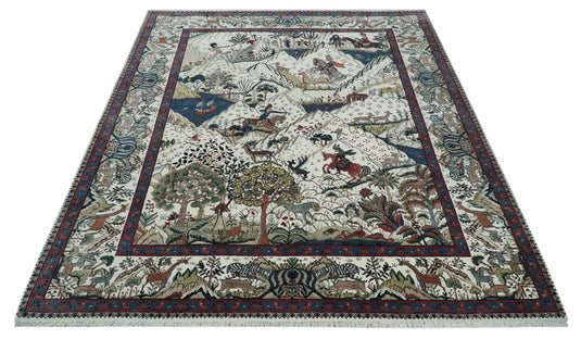 Versatile Ivory and Olive Premium Look Jungle Life Hand-Knotted Wool Area Rug Ideal for Living Room, Dinning Room, Kids Room