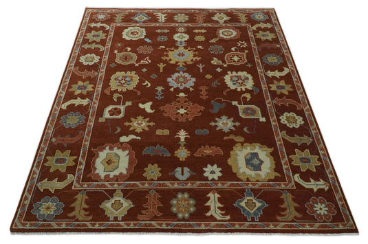 Custom Made Hand Knotted Oriental Oushak Maroon, Beige, Ivory And Blue Wool Area Rug