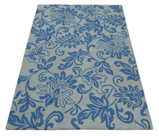 Custom Made Traditional Floral Pattern Gray And Blue Hand Tufted  Wool Area Rug