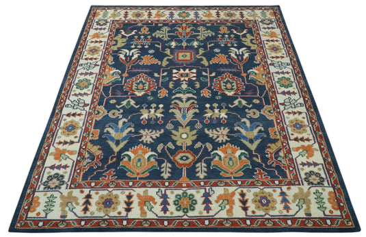 Custom Made Traditional Pattern Blue, Rust and  Ivory Hand Knotted wool Area Rug