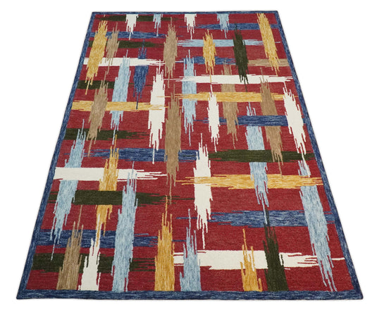 Custom Made Abstract Pattern Maroon, Ivory, Brown And Blue Hand Tufted  Wool Area Rug