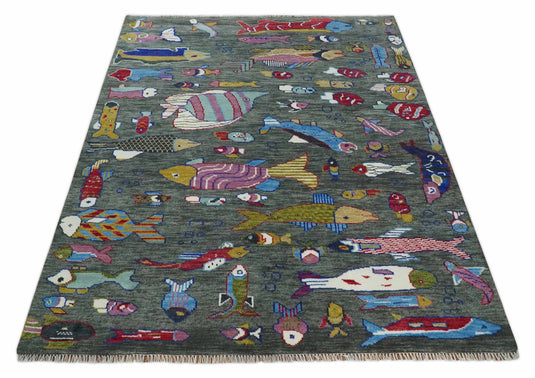 Modern Fish Life Multi Size Hand knotted Gray Wool Area Rug | CP1333