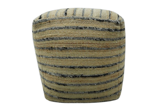 Charcoal And Beige Strip Wool And Jute Footstool, Seat, Foot Rest Living Room, Bedroom