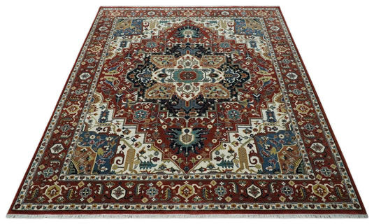 Brown and Ivory Hand knotted Premium look 8x10 and 9x12 Traditional Heriz wool Area Rug