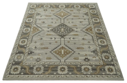 Tribal Pattern Silver, Beige, Charcoal and Ivory Traditional Hand Knotted 8x10 ft wool Area Rug