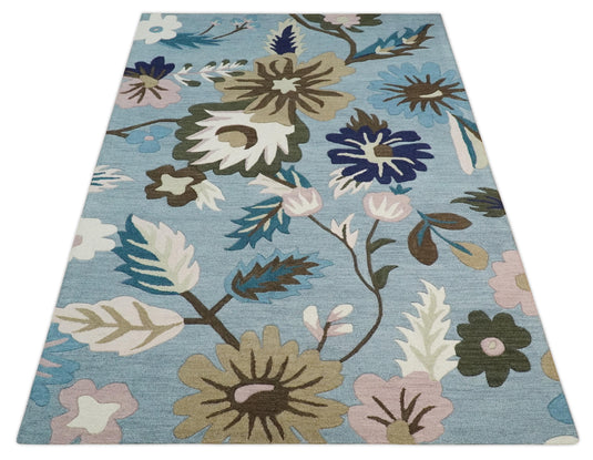 Custom Made Colorful Floral Pattern Blue, Ivory, Peach, Green And Brown Hand Tufted  Wool Area Rug