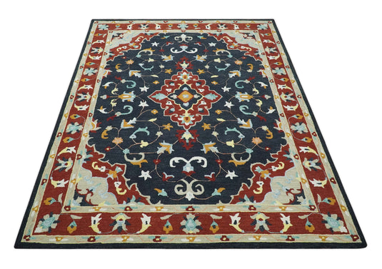 Custom Made Traditional Pattern Black, Beige And Rust Hand Tufted  Wool Area Rug