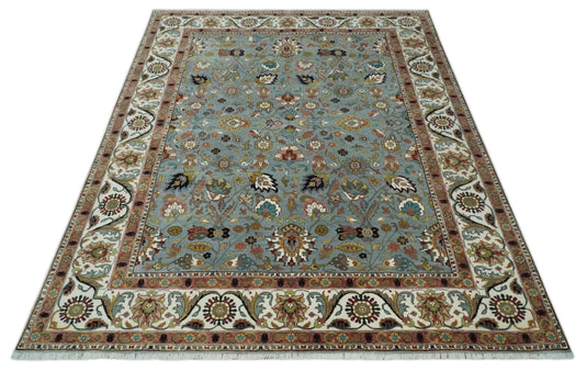 Traditional Turkish Light Blue, Ivory and Peach Floral 9x12 Hand knotted wool Area Rug