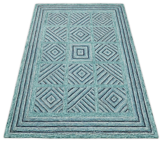 Custom Made Modern Geometric Teal, Charcoal And Ivory Hand Tufted Wool Area Rug