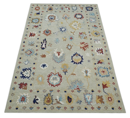 Custom Made Colorful Beige, Blue, Rust And Gray Modern Oushak Hand Tufted Wool Area Rug