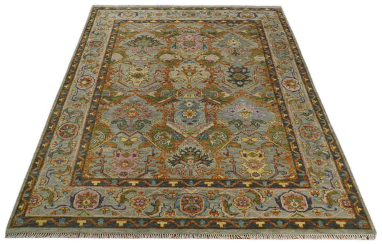 Traditional Antique Moss Persian Hand Knotted Oushak Rug Silver, Rust and Pink Multi Size Ideal for Living, Bedroom, and Dining Rooms | CP616