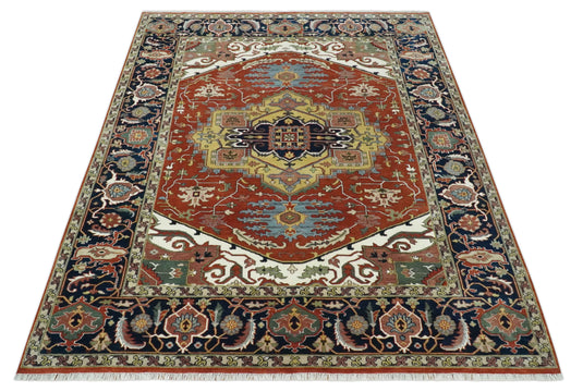 Traditional Premium look Heriz Serapi Hand knotted Blue, Rust and Ivory 8x10 ft Bedroom, Living Room Rug ,wool Area Rug