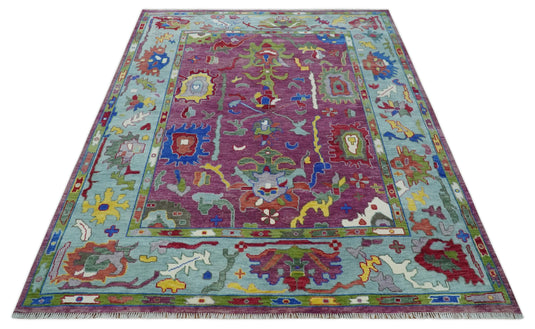 Hand Knotted Vibrant Colorful Oriental Oushak Rug Green and Purple 9x12 ft Ideal for Living, Bedroom, and Dining Room