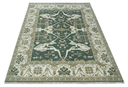 Hand Knotted Oriental Oushak Rug Green, Ivory and Olive Multi Size Ideal for Living, Bedroom, and Dining Room