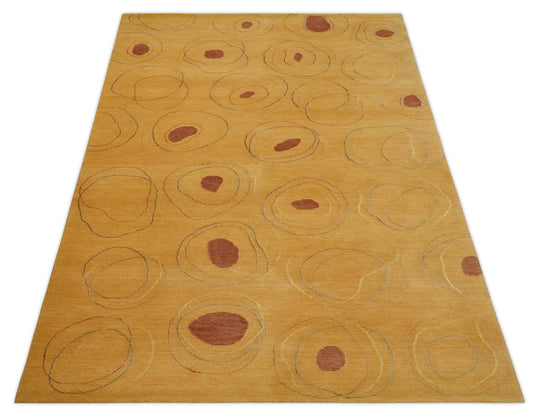 Contemporary geometrical Hand knotted Mustard and Rust 5x8 ft Bedroom, Living Room Rug Wool and Viscose Area Rug