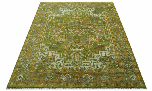Green, Gold And Silver Hand Knotted Traditional Heriz Wool Rug 8x10 ft Ideal for Living, Bedroom And Dining Rooms