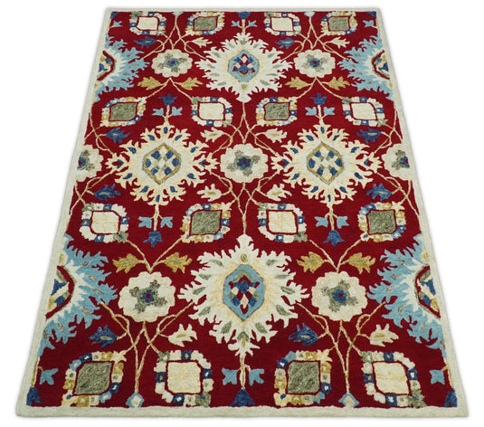 Custom Made Traditional Red, ivory And Blue Floral Hand Tufted Wool Area Rug