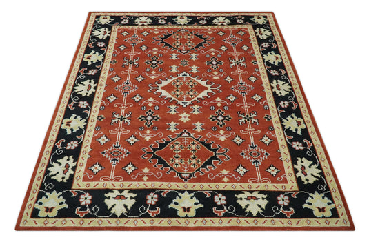 Traditional Pattern Red, Black, Light Beige And Ivory Hand Knotted 8x10 ft wool Area Rug