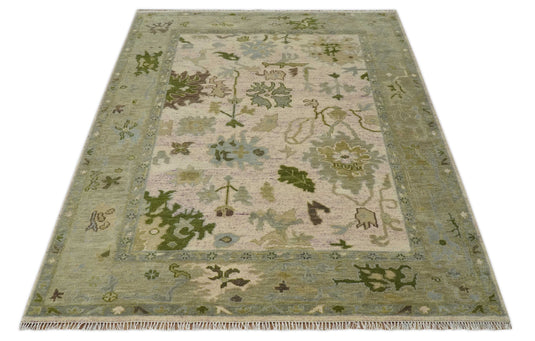 Custom Made Green, Cream, Brown And Beige Floral Oushak Hand Knotted Wool Area Rug