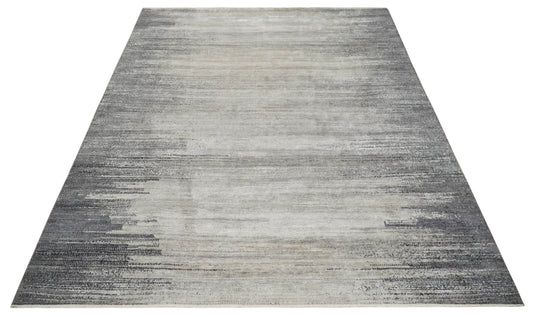 Abstract Gray And Charcoal Hand Knotted 9x12 ft Bedroom, Living Room Rug Wool And Bamboo Silk Area Rug