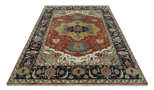 Hand Knotted Traditional Rust, Ivory, Black And Yellow Wool Rug 9x12 ft Ideal for Living, Bedroom And Dining Rooms | CP2475912