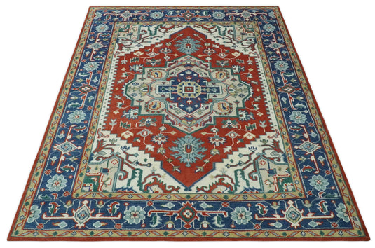 Custom Made Traditional Medallion Pattern Red, Blue and Ivory Hand Knotted wool Area Rug