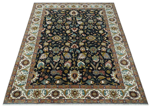 Black and Ivory Hand knotted Premium look Traditional Floral 8x10 wool Area Rug