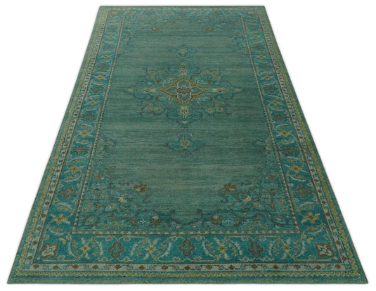 Custom Made Traditional Antique Pattern Green Hand Knotted Wool Area Rug