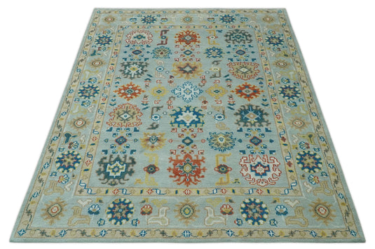 Vibrant Colorful Silver, Rust, Blue And Gold Oushak Hand Knotted 8x10 ft wool Area Rug