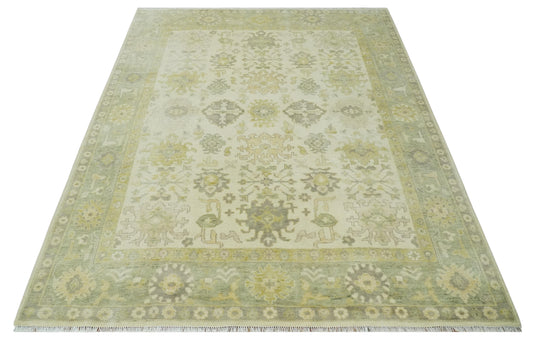 Traditional Hand knotted Ivory and Olive Oushak Multi Size wool Area Rug