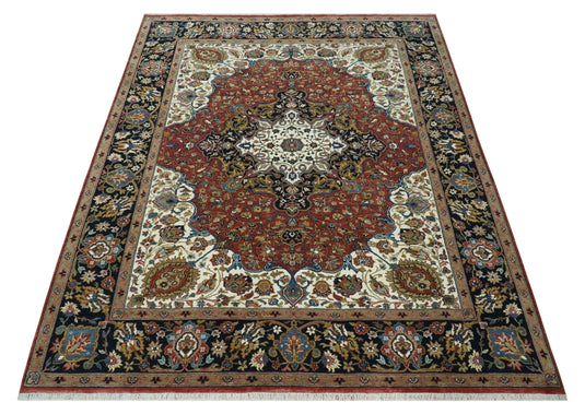 Brown, Ivory and Black Hand knotted Premium look 8x10 Traditional Heriz wool Area Rug