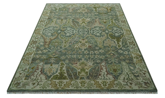 Custom Made Hand Knotted Gray And Green Traditional Oushak Wool Area Rug