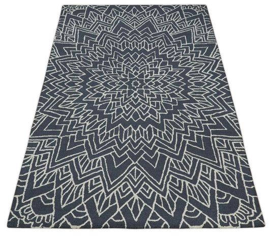 Custom Made Geometrical Radial lines Charcoal And Ivory Hand Tufted  Wool Area Rug