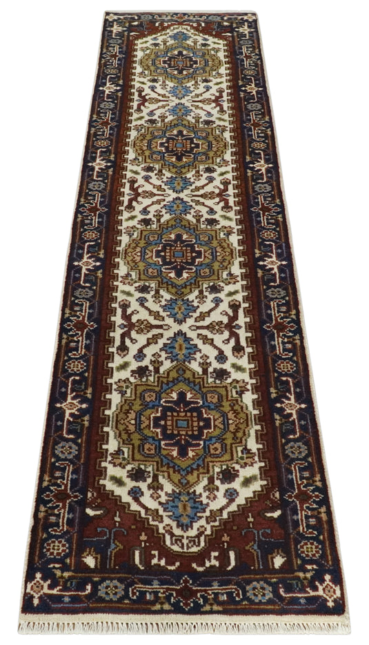 Cream, Rust and Blue Hand knotted Traditional Heriz 2.6x10 wool Area Rug