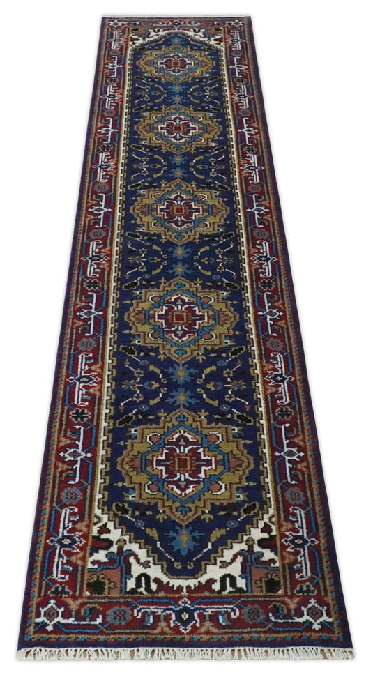 Blue, Mustard and Brown Hand knotted Traditional Heriz 2.6x12 wool Area Rug