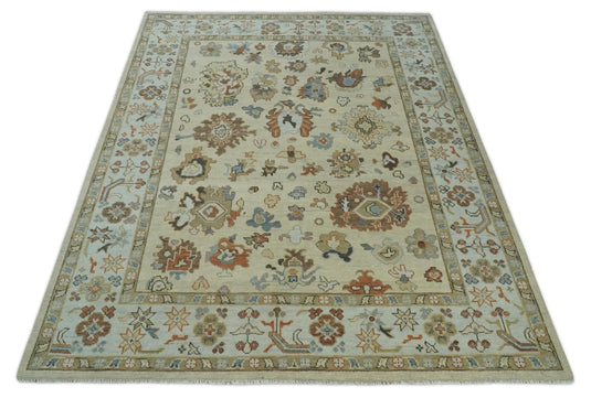 Custom Made Antique Oushak Hand Knotted Beige And Silver Wool Area Rug