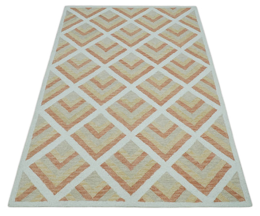 Custom Made Ivory, Dark Peach, Yellow And Light Beige Modern Geometrical Hand Tufted Wool Area Rug