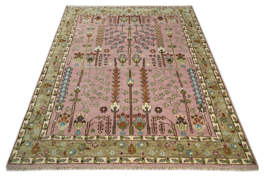 Pink,Olive and Beige Tree of Life Vintage Hand Knotted, Antique Turkish 5x8, 6x9, 8x10, 9x12, 10x14, 12x15 Wool Rug, Living Room Rug CP684S