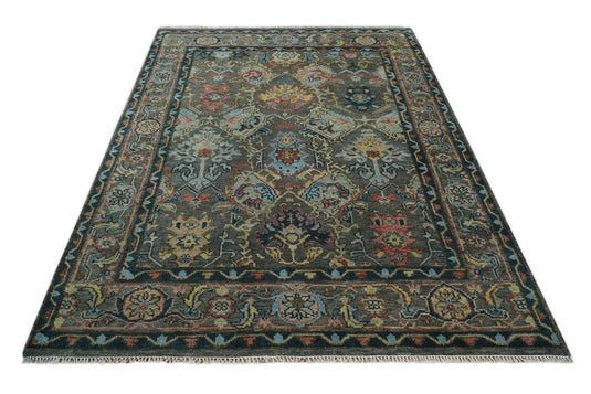 Traditional Oriental Hand Knotted Oushak Rug Blue, Rust and Charcoal  5x8, 6x9, 8x10, 9x12, 10x14, and 12x15 Ideal for Living, Bedroom, and Dining Rooms | CP999S